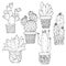 1595 cactus, vector illustration, set of pictures in black and white, cacti in pots