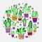 1597 cactus, vector illustration, background in bright colors, cacti in pots