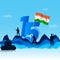 15Th August Font With Silhouette Man Holding Wavy India Flag, Soldiers At Mountain And Military Tank On Blue