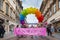 15th Zagreb pride. LGBTIQ activists holding pride banner.