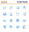 16 Blue viral Virus corona icon pack such as banned travel, medical, pulses, hygiene, washing