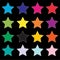 16 bright vibrant solid colored star vector icon set on black background. Education, exciting, birthday concepts.