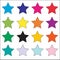 16 bright vibrant solid colored star vector icon set on white background. Education, exciting, birthday concepts.