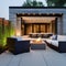 16 A contemporary outdoor living space with a fire pit, comfortable seating, and string lights5, Generative AI