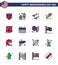 16 Flat Filled Line Signs for USA Independence Day security; fireworks; american; festivity; garland