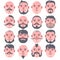 16 Human beige faces with different hairstyle and beard