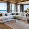 16 A modern beach house living room with a white sectional, natural wood accents, and ocean-inspired decor1, Generative AI