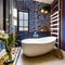 16 A retro-inspired bathroom with a mix of colorful and patterned finishes, a large, freestanding bathtub, and a mix of open and