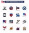 16 USA Flat Filled Line Pack of Independence Day Signs and Symbols of shield; ireland; glass; cell; mobile