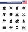 16 USA Solid Glyph Signs Independence Day Celebration Symbols of man; food; alcoholic; fast; liquid