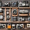 1658 Vintage Camera Collection: A retro and photography-themed background featuring a collection of vintage cameras, lenses, and