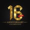 16th anniversary years celebration logotype. Logo ribbon gold number and red ribbon on black background.