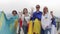 17-04-2022 TURKEY, ISTANBUL: women wrapped in the flags of Kazakhstan, Russia, Ukraine, and Belarus waving hands to the