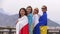 17-04-2022 TURKEY, ISTANBUL: women wrapped in the flags of Kazakhstan, Ukraine, Russia and Belarus looks in the camera