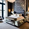 17 A Hollywood Regency-inspired bedroom with mirrored furniture, a tufted headboard, and metallic accents2, Generative AI