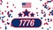 1776 text on white background with floating stars and waving flag