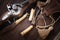 17th century ancient flintlock musket with powder flask and led bullets