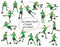 18 figures of girl\\\'s football players and goalkeepers team in green equipment in various poses and motion training