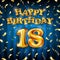 18 Happy Birthday message made of golden inflatable balloon eighteen letters isolated on blue background fly on gold ribbons with