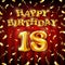 18 Happy Birthday message made of golden inflatable balloon eighteen letters isolated on red background fly on gold ribbons with