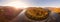 180 degrees panoramic landscape colorful autumn in Carpathians, Eastern Beskids. Aerial drone view of scenic natural landscape,
