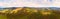 180 degrees panoramic landscape of countryside, aerial drone view of nature in Carpathians. Sunset time, end of summer