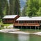 181 A tranquil lakeside retreat with charming wooden cabins, private boat docks, and panoramic views of the serene water, offeri