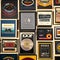 1818 Vintage Vinyl Collection: A retro and music-themed background featuring a collection of vintage vinyl records, record sleev