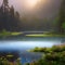 1839 Mystical Enchanted Forest Lake: A mystical and enchanting background featuring a forest lake with misty waters, glowing pla