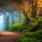 1871 Enchanted Forest Path: A magical and enchanting background featuring a forest path with enchanted trees, glowing mushrooms,