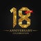18th anniversary years celebration logotype. Logo ribbon gold number and red ribbon on black background.