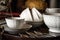 18th Century cups and saucers crockery on inlaid wooden serving