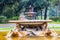 18th century Fontana dei Cavalli Marini stands in the middle of a round plaza surrounded by trees and walkways at Via Pinciana