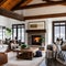 19 A cozy, rustic living room with a mix of wooden and plaid finishes, a classic fireplace mantle, and a mix of patterned and so