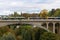 19 Oct 2019, Luxembourg - city buses crossing Adolphe Bridge, one of the main landmarks of Luxembourg. Waiting for traffic light.