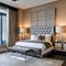 19 A transitional-style bedroom with a tufted headboard, neutral tones, and bold artwork4, Generative AI