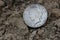 1922 Silver Peace Dollar On Ground in Dirt. Front View