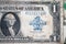 1923 dollar banknote closeup, 1 dollar writing in blue on silver dollar certificate banknote