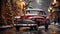 1940\\\'s Vintage Car Parked Outside The Festively Christmas Decorated Shops. Generative AI