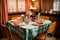 1950s diner table setup with checkered tablecloth and utensils