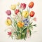 1960s Dutch Watercolor: Detailed Tulip Bouquet In Naturalistic Botanical Art Style