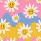 1970 Daisy Flowers and Wavy Seamless Pattern in Yellow, blue and Pink Colors. Hand-Drawn Vector hand drawn flat