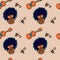 1970 groovy trippy seamless pattern with African-american girl portrait, guitar and hearts