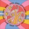1970 psychedelic groovy banner or caover with mushrooms and flowers in round shape in wavy rainbow background. 70s