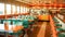 1970\\\'s retro style diner with checkered floor and red stools. Empty business with no people
