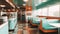 1970\\\'s retro style diner with checkered floor and red stools. Empty business with no people
