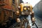 1970 sci-fi Old rusty robot on the railway tracks