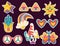 1970 sticker pack. Groovy hippie retro set. Psychedelic cartoon style. Vector illustration