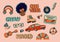 1970 stickers. Set of groovy vector elements, cute funky hippy icons. Cartoon daisy rainbow with flowers, car, mushrooms, audio