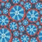 1970s Hippie flowers. Flower power seamless vector background. Blue and red abstract distressed flowers on a blue background.